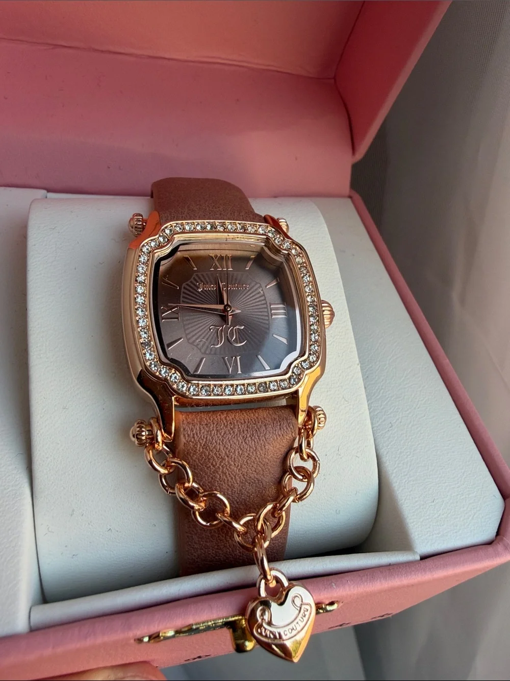 Juicy Couture Rose Gold-Tone Watch with Brown Leather Strap & Heart Charm